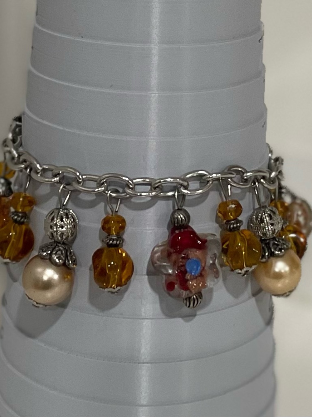Charm Bracelet Amber Flower Faux Pearl Cottagecore Shabby Chic Artisan Boho